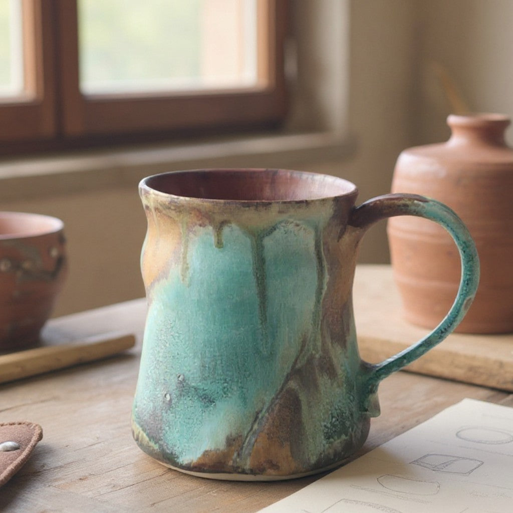 Handmade pottery mug with turquoise and brown glaze