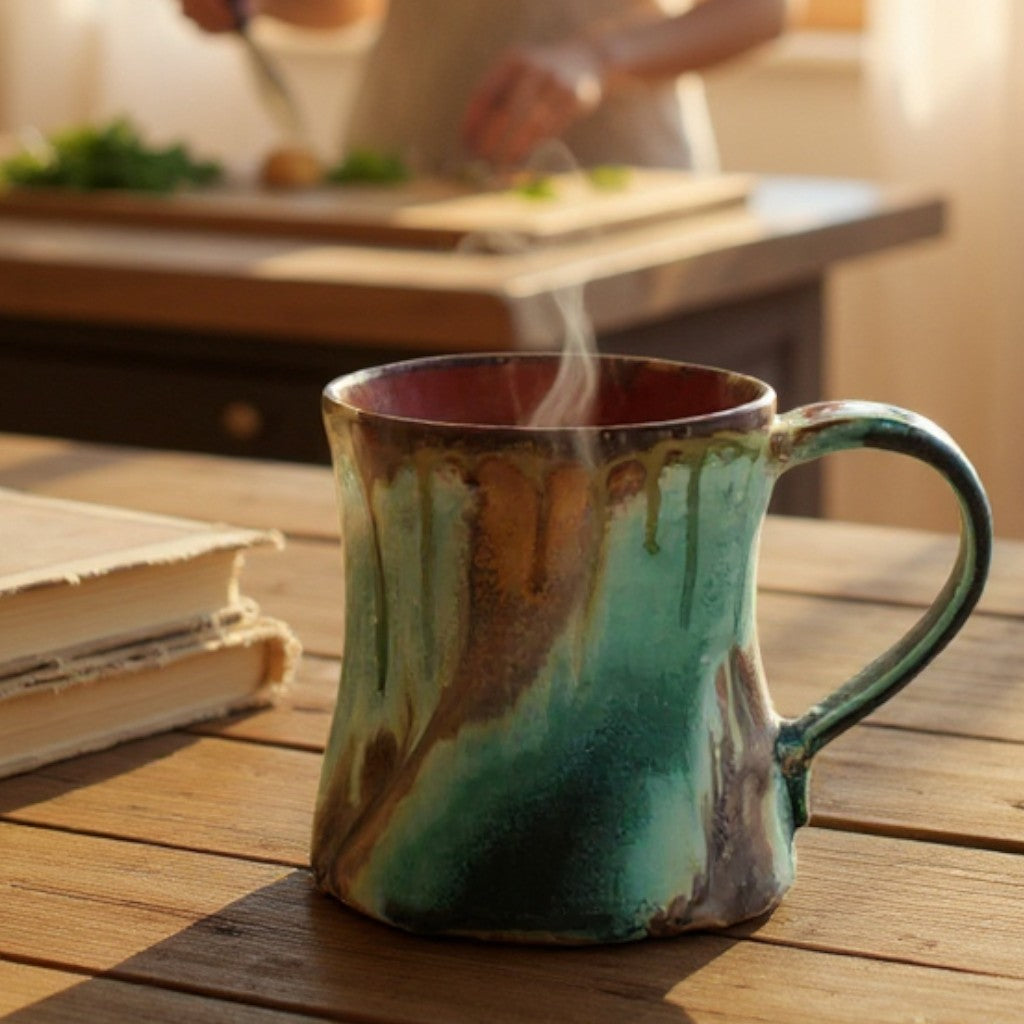 Handmade ceramic mug with earthy green glaze