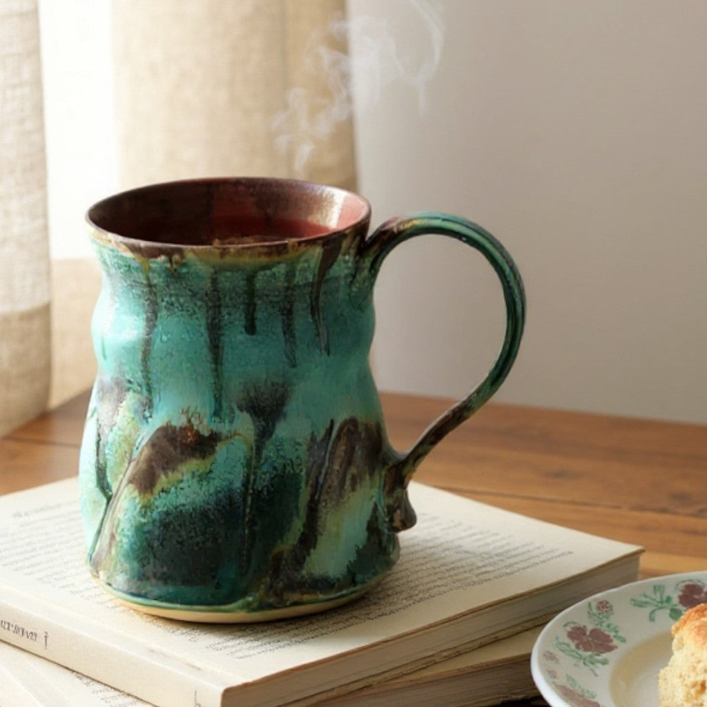 Handmade pottery mug with green, turquoise, and brown layered glaze