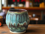 Melbourne handmade yunomi tea cup – turquoise and brown with a woodfired look.