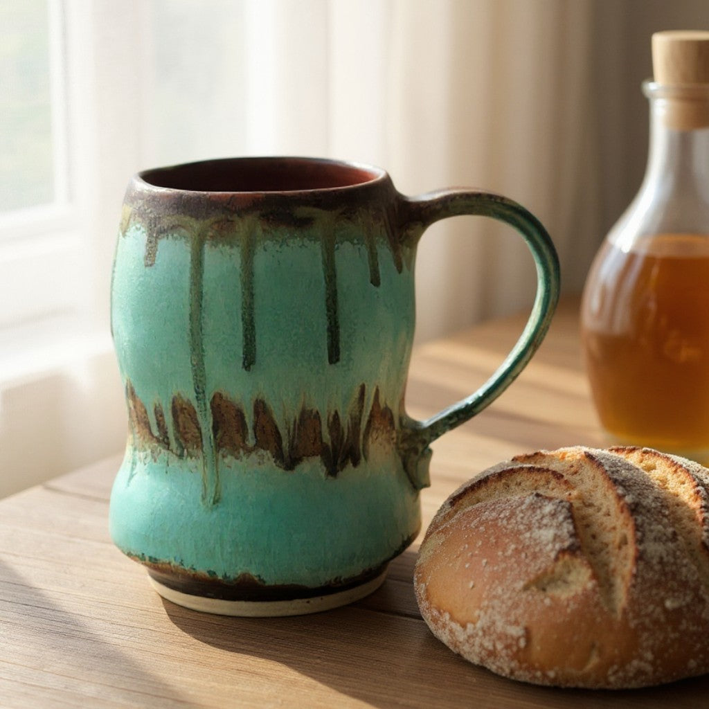 Handmade ceramic mug in turquoise and rust glaze