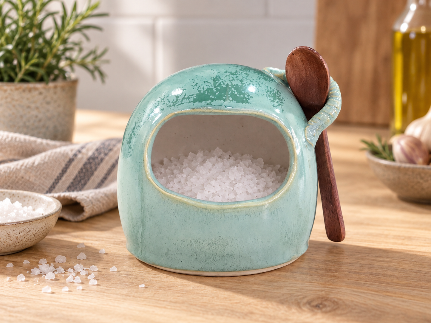 Handmade mottled green pottery salt pig with wooden spoon in a warm kitchen setting
