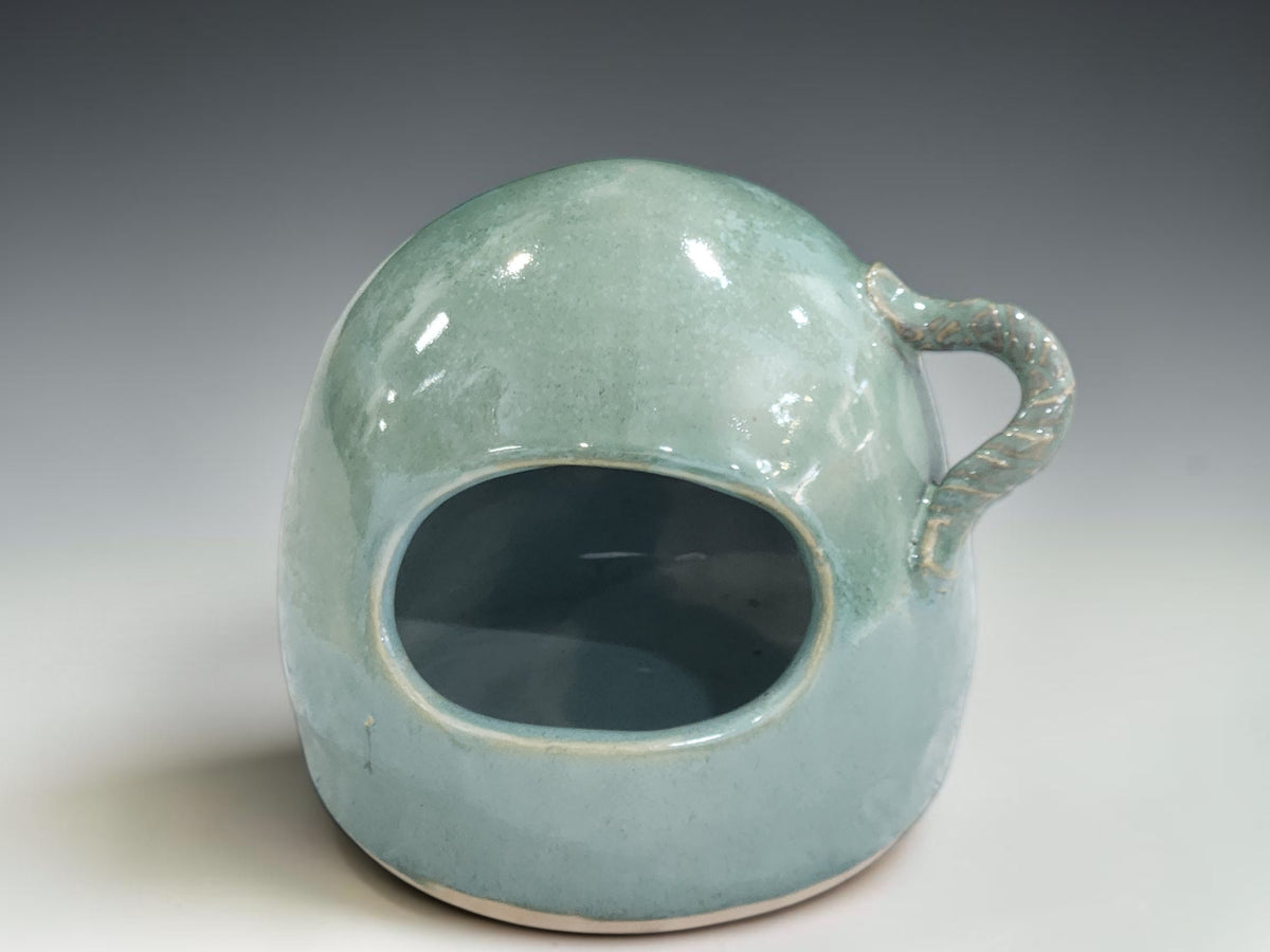 Handmade ceramic salt pig with open front and spoon holder, crafted by Buxton Pottery in Melbourne Australia