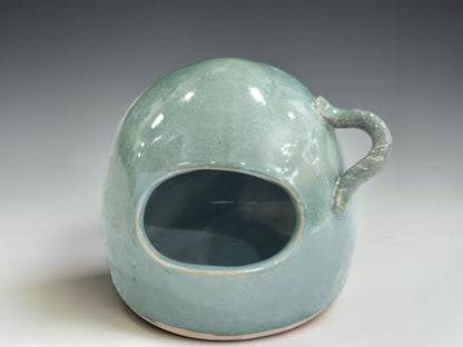 Handmade ceramic salt pig with open front and spoon holder, crafted by Buxton Pottery in Melbourne Australia