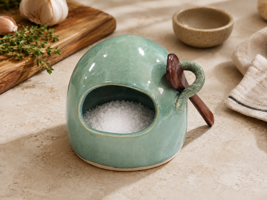 Handmade ceramic salt pig in seafoam green glaze styled with salt and kitchen herbs in a warm kitchen setting