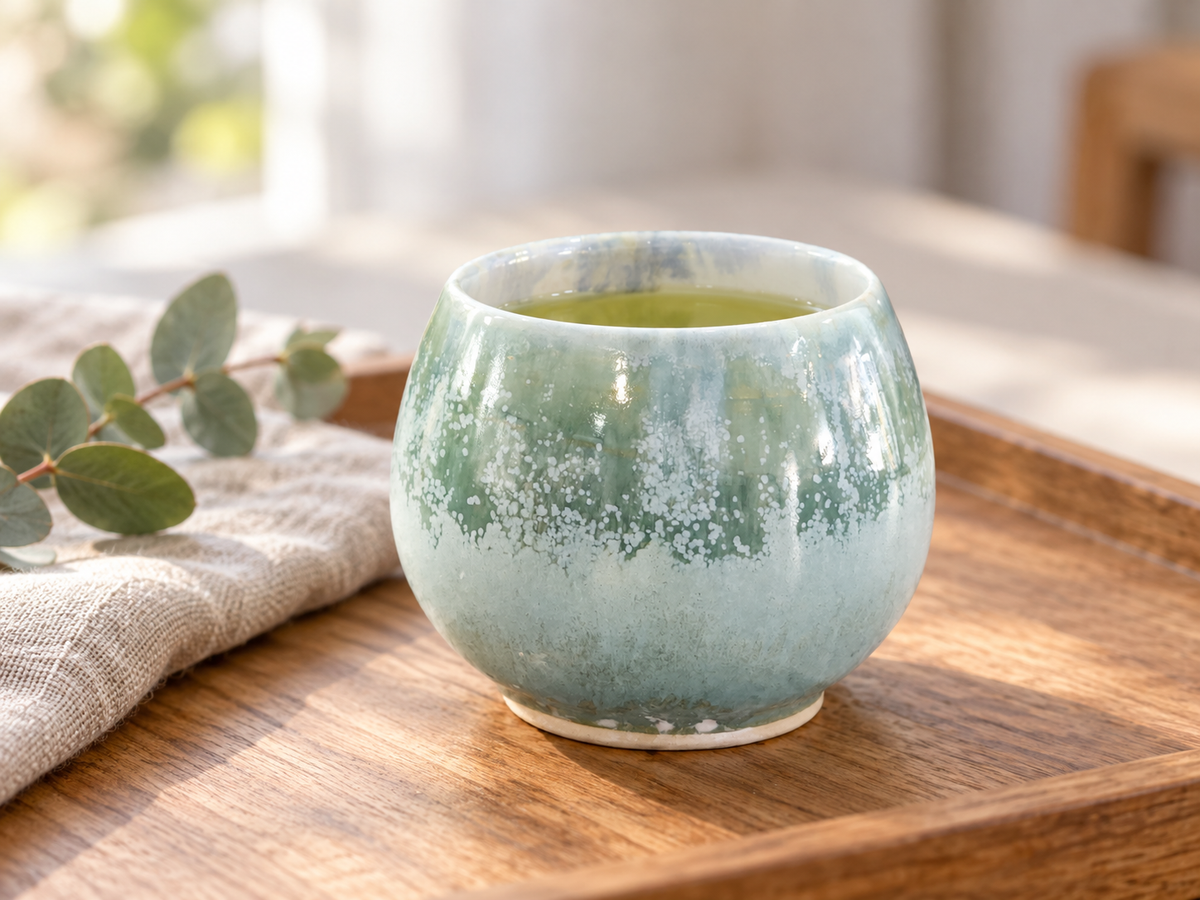Handmade 250ml Japanese-style tea cup in soft green mottled glaze on timber tray