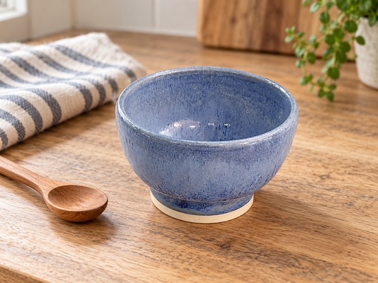Small blue pottery bowl on a timber benchtop beside a wooden spoon and striped linen.