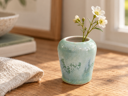 Petite green ceramic bud vase with white flowers on a sunlit timber table