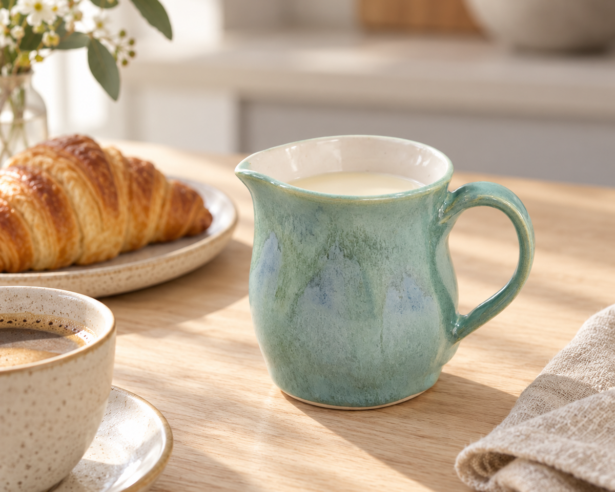 Small ceramic jug styled with coffee and croissant at breakfast