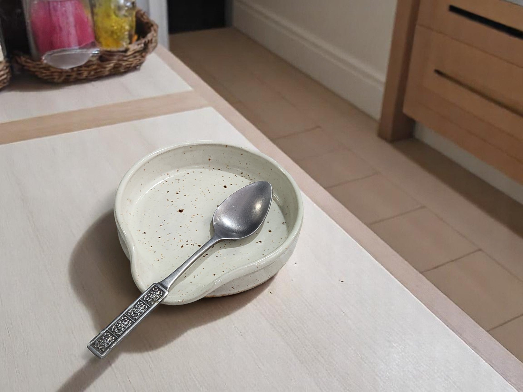 Ceramic Spoon Rest Handmade Pottery Speckle Cream Glaze Spatula Holder Kitchen Accessory