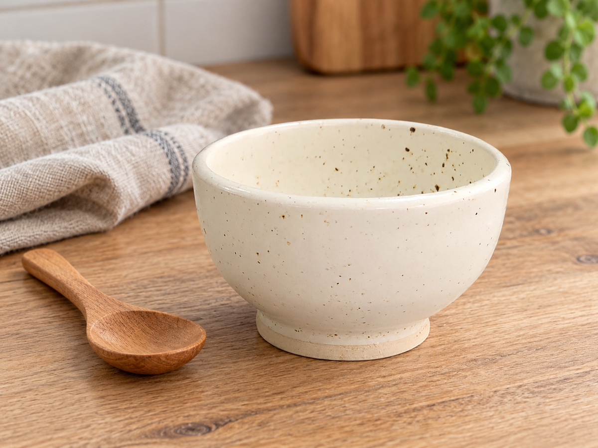 Small pottery condiment bowl on a timber benchtop beside a wooden spoon and linen cloth.