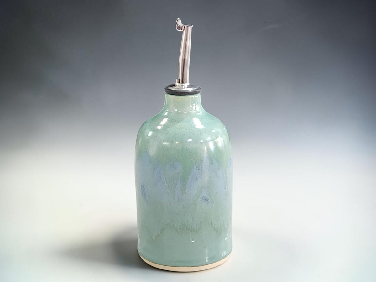 Handmade ceramic oil bottle with soft green and blue glaze, 350 ml