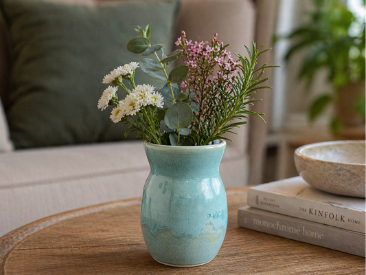 Handmade ceramic bud vase in turquoise glaze by Buxton Pottery