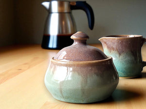 Unique handmade lidded sugar bowl with glossy brown and green glaze made in Melbourne Australia
