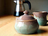 Unique handmade lidded sugar bowl with glossy brown and green glaze made in Melbourne Australia