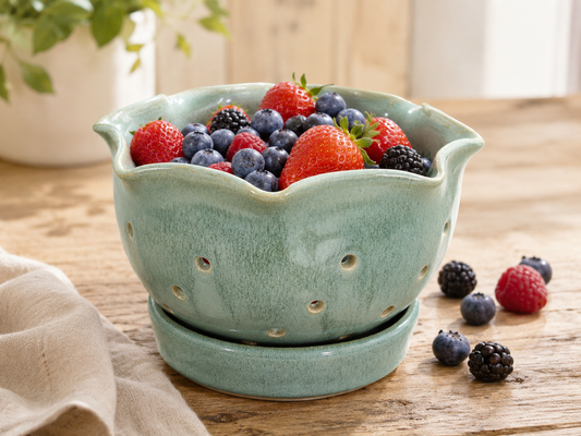 Handmade pottery berry bowl with saucer in spearmint green glaze filled with fresh berries