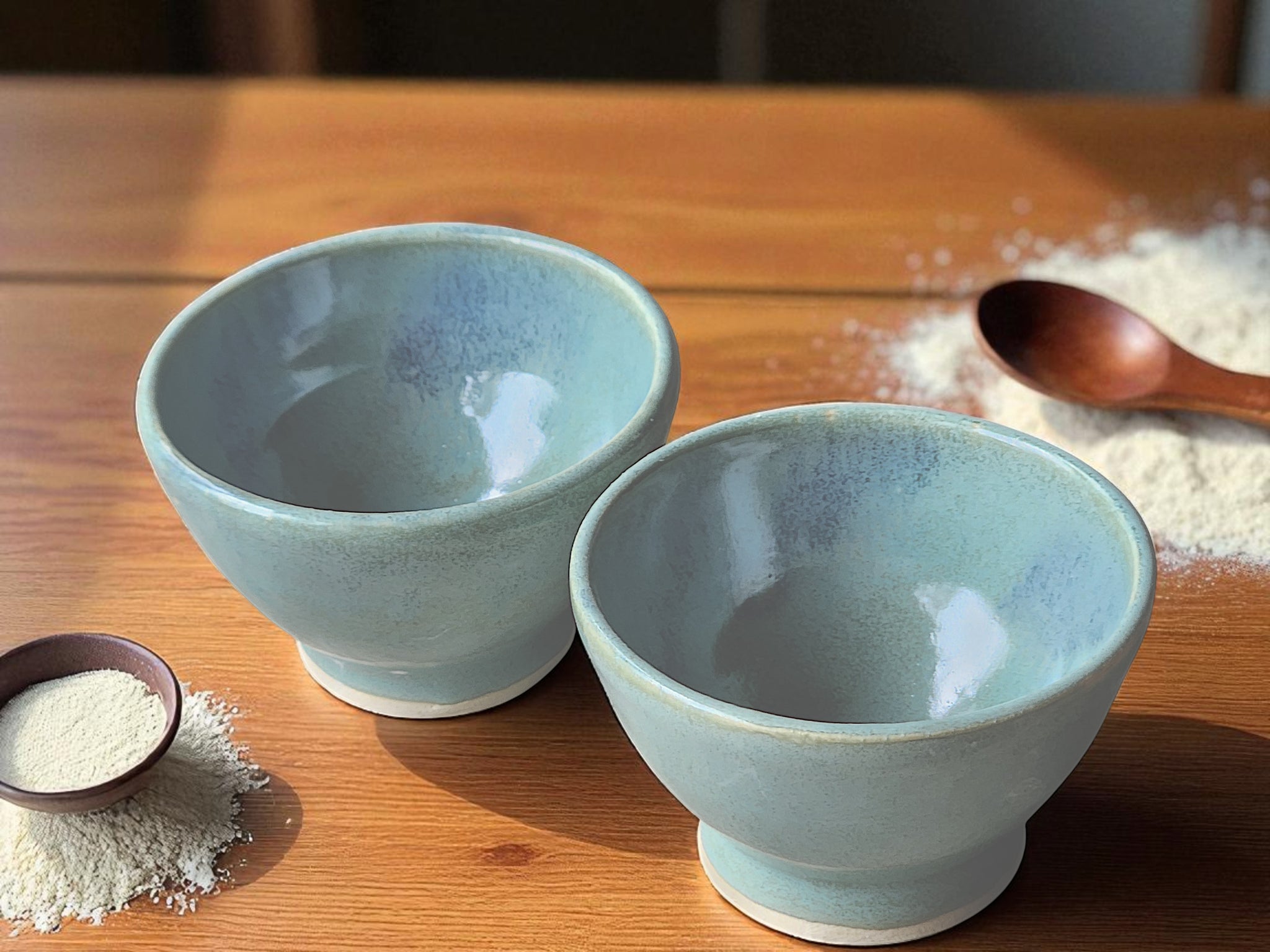 Handmade ceramic condiment bowl in green and mottled blue glaze