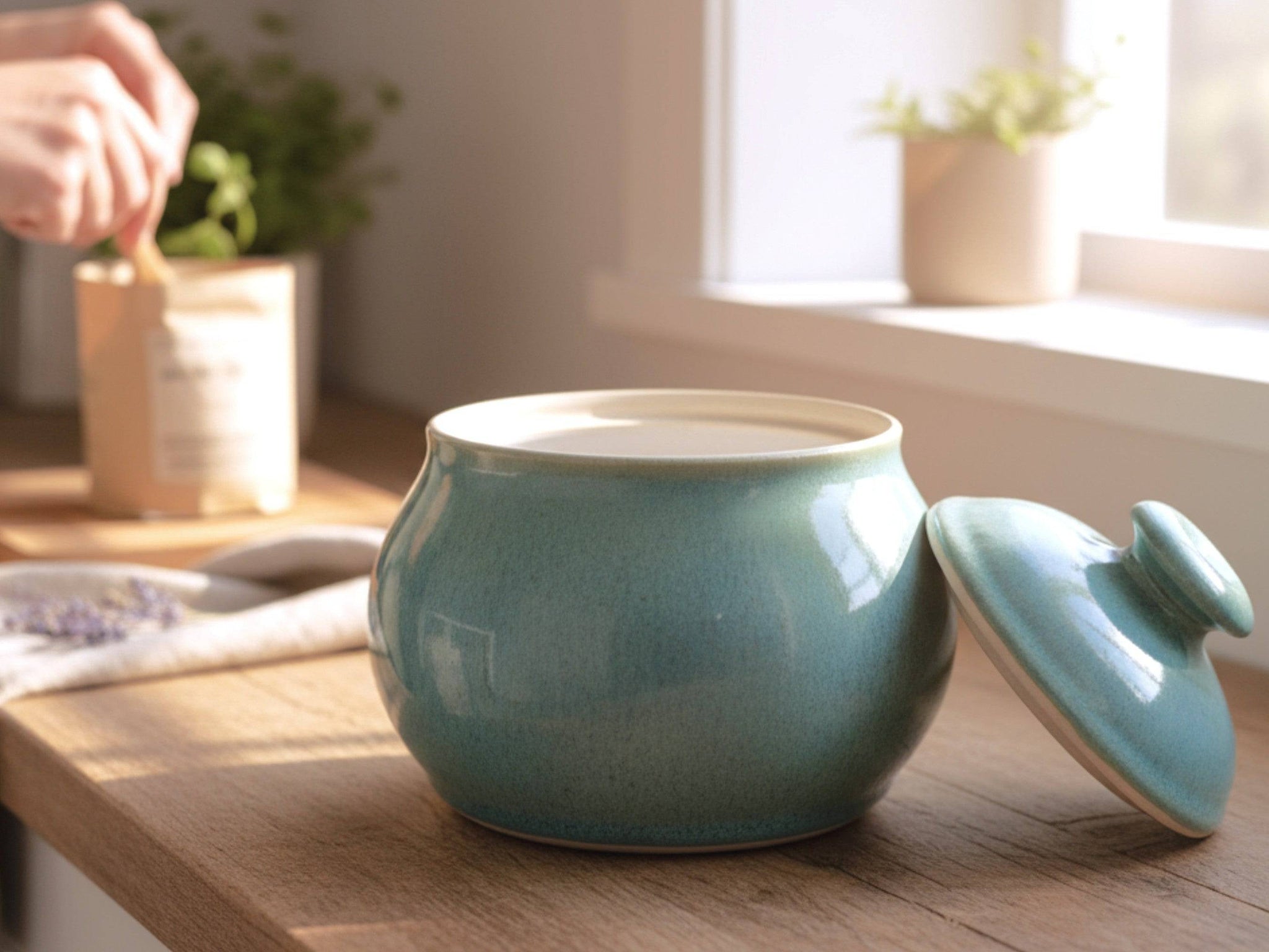 Handmade ceramic sugar bowl in mottled green and blue glaze