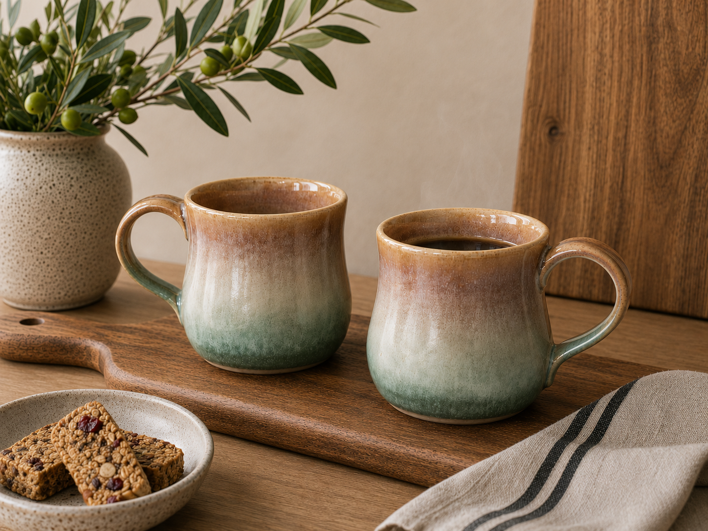 Handmade ceramic mug by Buxton Pottery featuring layered mottled brown and green glazes, handcrafted in Melbourne from stoneware clay.
