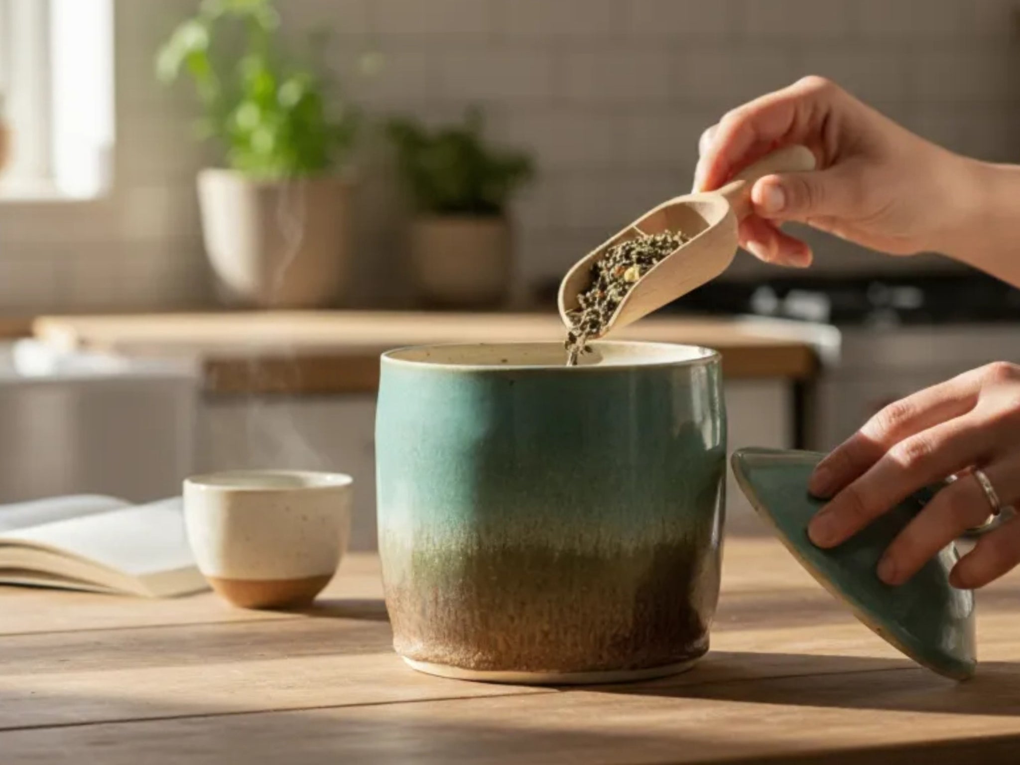handmade ceramic canister or sugar bowl in a green and brown glaze, crafted in Melbourne Australia, by Buxton Pottery.