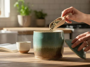 handmade ceramic canister or sugar bowl in a green and brown glaze, crafted in Melbourne Australia, by Buxton Pottery.