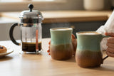two large handmade ceramic mugs with green and brown rustic glazes, from an Australian seller, Buxton Pottery