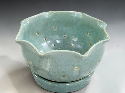 Spearmint green pottery berry bowl for washing and serving strawberries blueberries and raspberries
