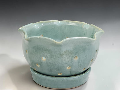 Australian handmade pottery berry colander bowl with scalloped rim and matching drip plate