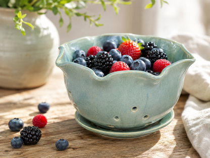 Handmade berry bowl filled with blueberries raspberries and blackberries