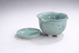 Artisan ceramic berry colander with scalloped edge and drip plate