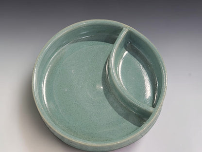 Australian handmade pottery chip and dip bowl in soft green glaze for kitchen and table use