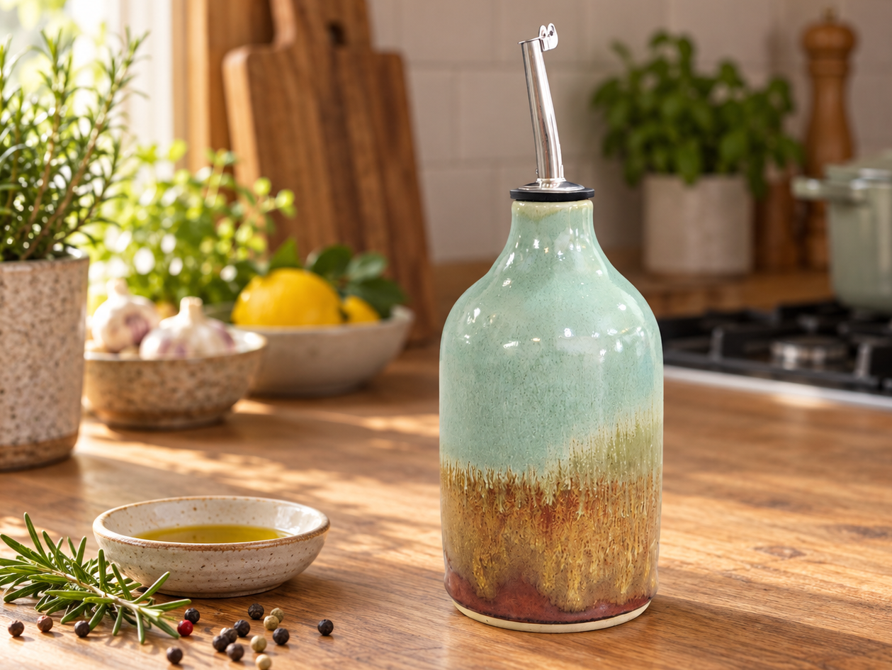 Handmade ceramic oil bottle with rosemary and olive oil on kitchen bench