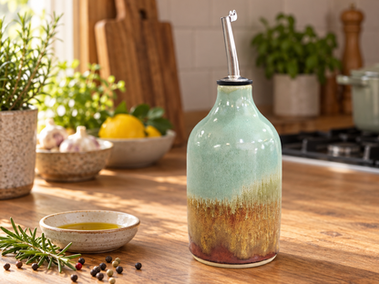 Handmade ceramic oil bottle with rosemary and olive oil on kitchen bench