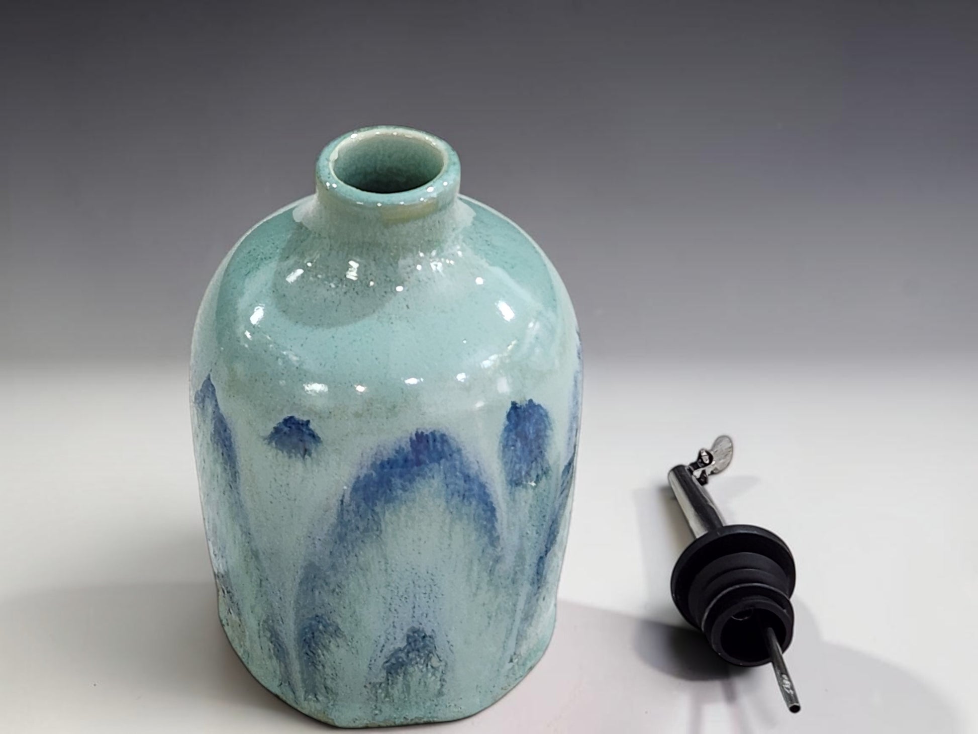 Buxton Pottery handmade ceramic oil bottle, 400ml, in soft aqua and blue glaze for kitchen styling