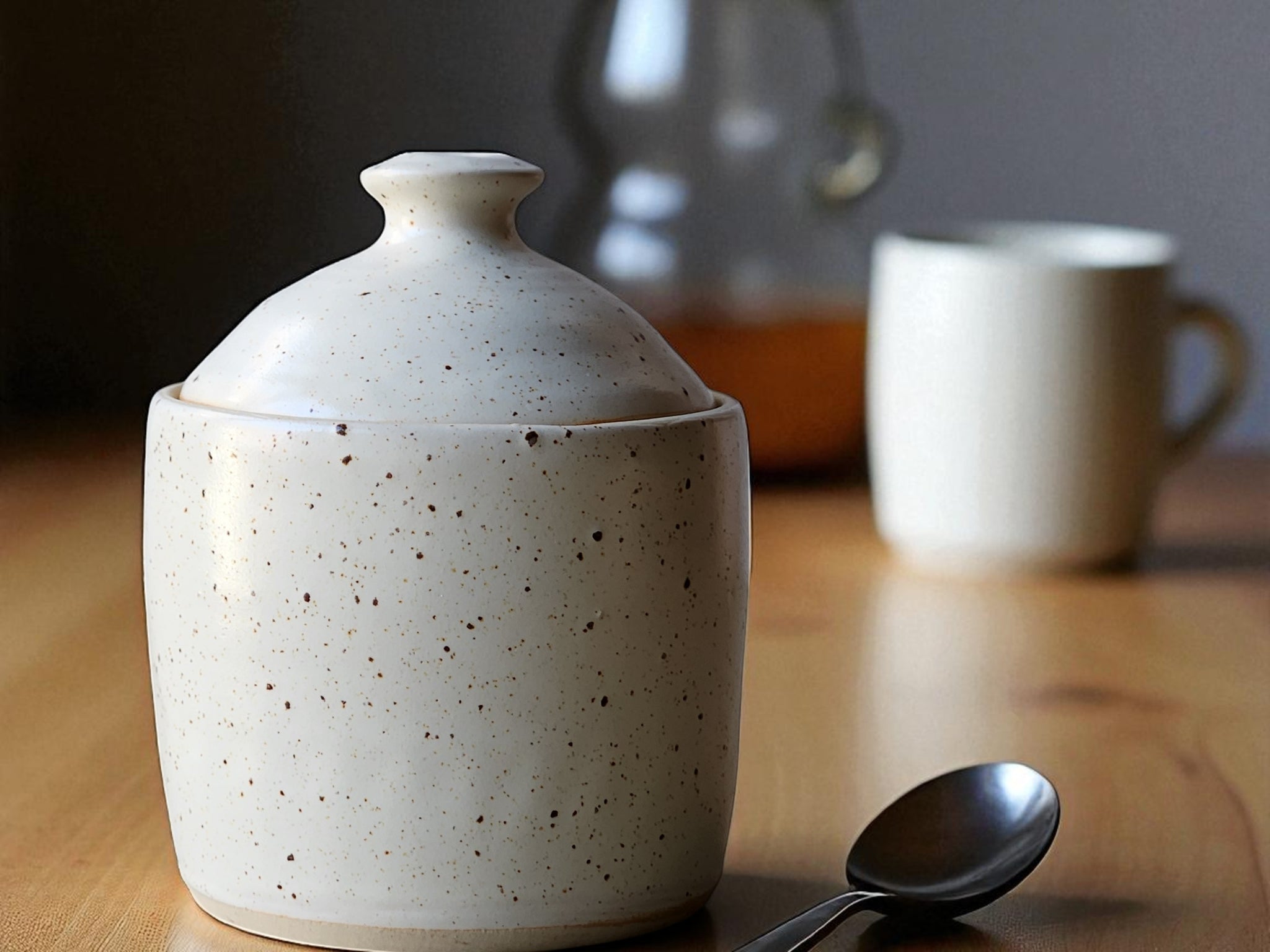 Handmade ceramic sugar bowl speckled cream glaze