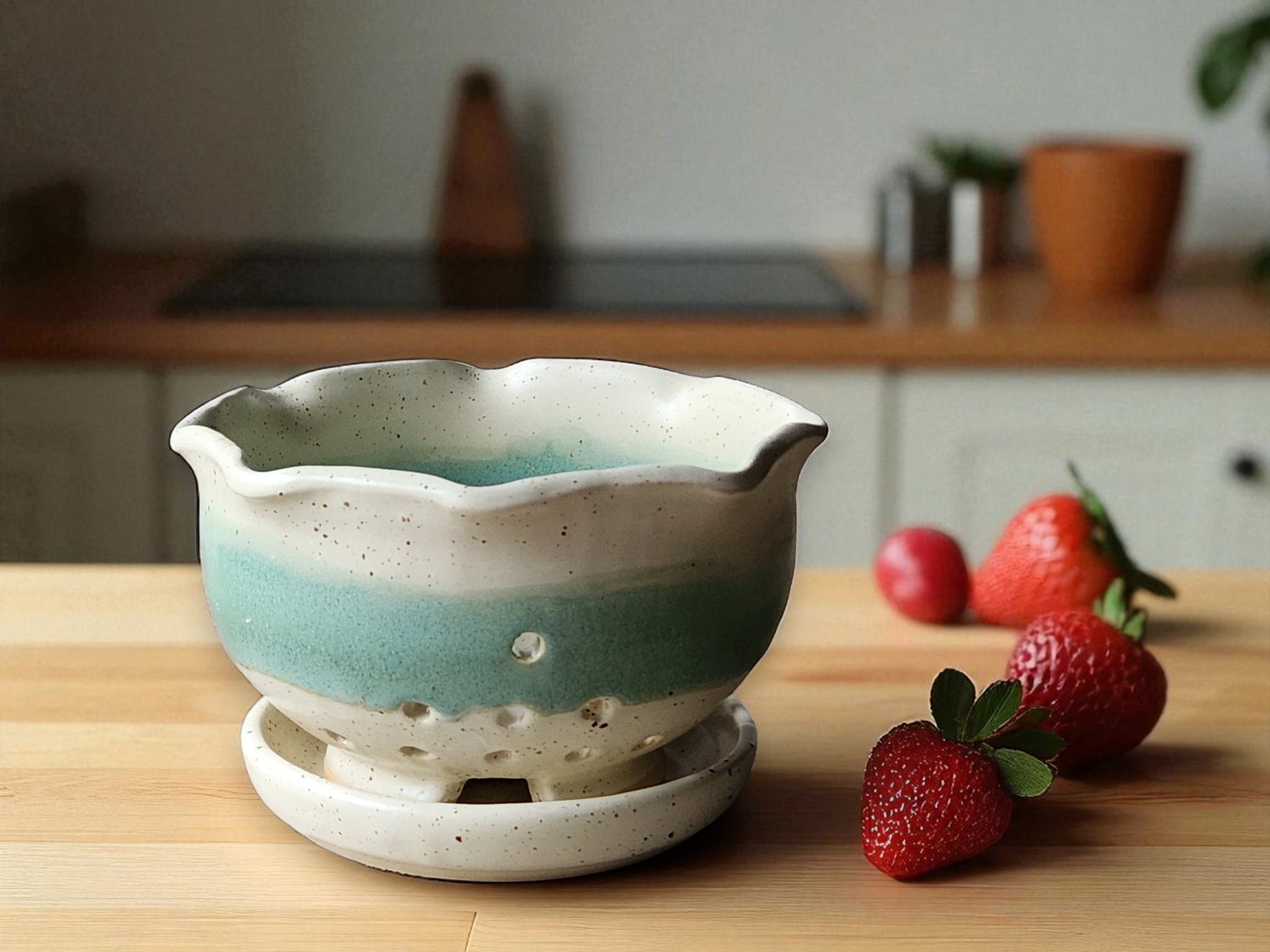 Handmade pottery berry bowl with saucer – cream and spearmint glaze