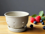 Handmade speckled cream pottery berry bowl with saucer