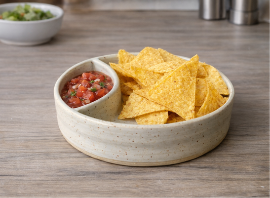 Handmade ceramic chip and dip bowl with separate sauce compartment – functional snack dish in layered glaze – 15cm