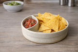 Handmade ceramic chip and dip bowl with separate sauce compartment – functional snack dish in layered glaze – 15cm