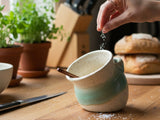 Handmade small Salt container- salt pig - in a speckled cream and green glaze 