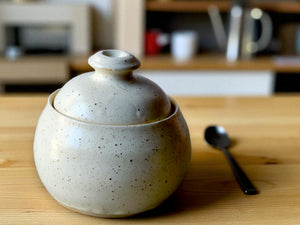 Handmade ceramic sugar bowl with lid speckled cream glaze