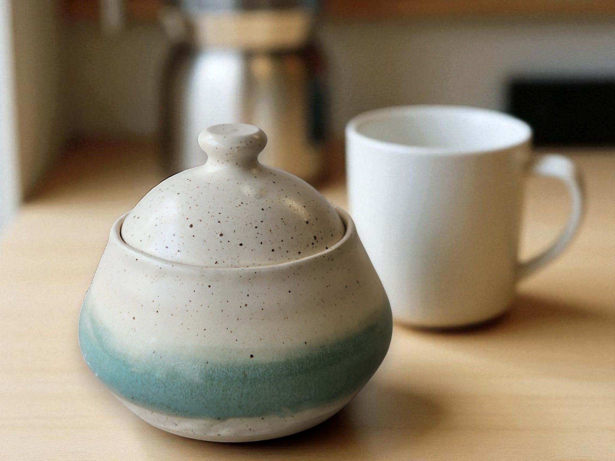 Handmade pottery sugar bowl with lid – buttermilk and green glaze
