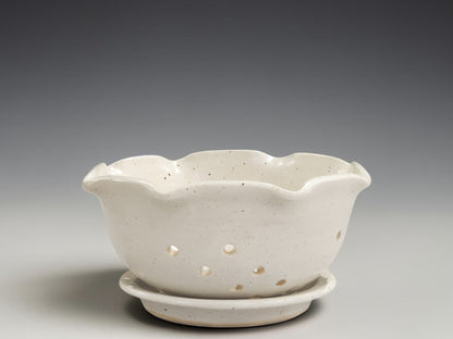 Handmade ceramic berry bowl with matching saucer in speckled cream glaze, crafted by Buxton Pottery in Melbourne Australia