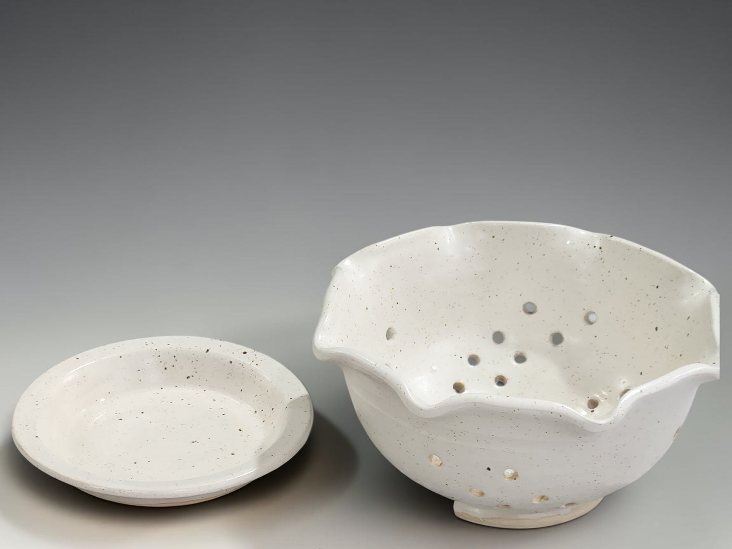 Australian handmade ceramic colander bowl with saucer for berries, grapes and cherry tomatoes
