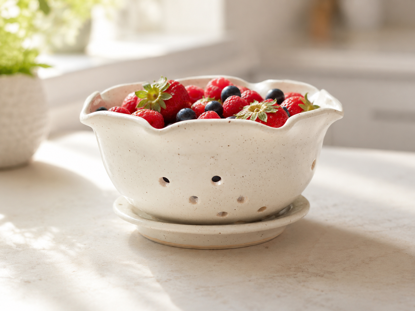 Handmade ceramic berry bowl with saucer in speckled cream glaze filled with fresh berries in a warm kitchen setting