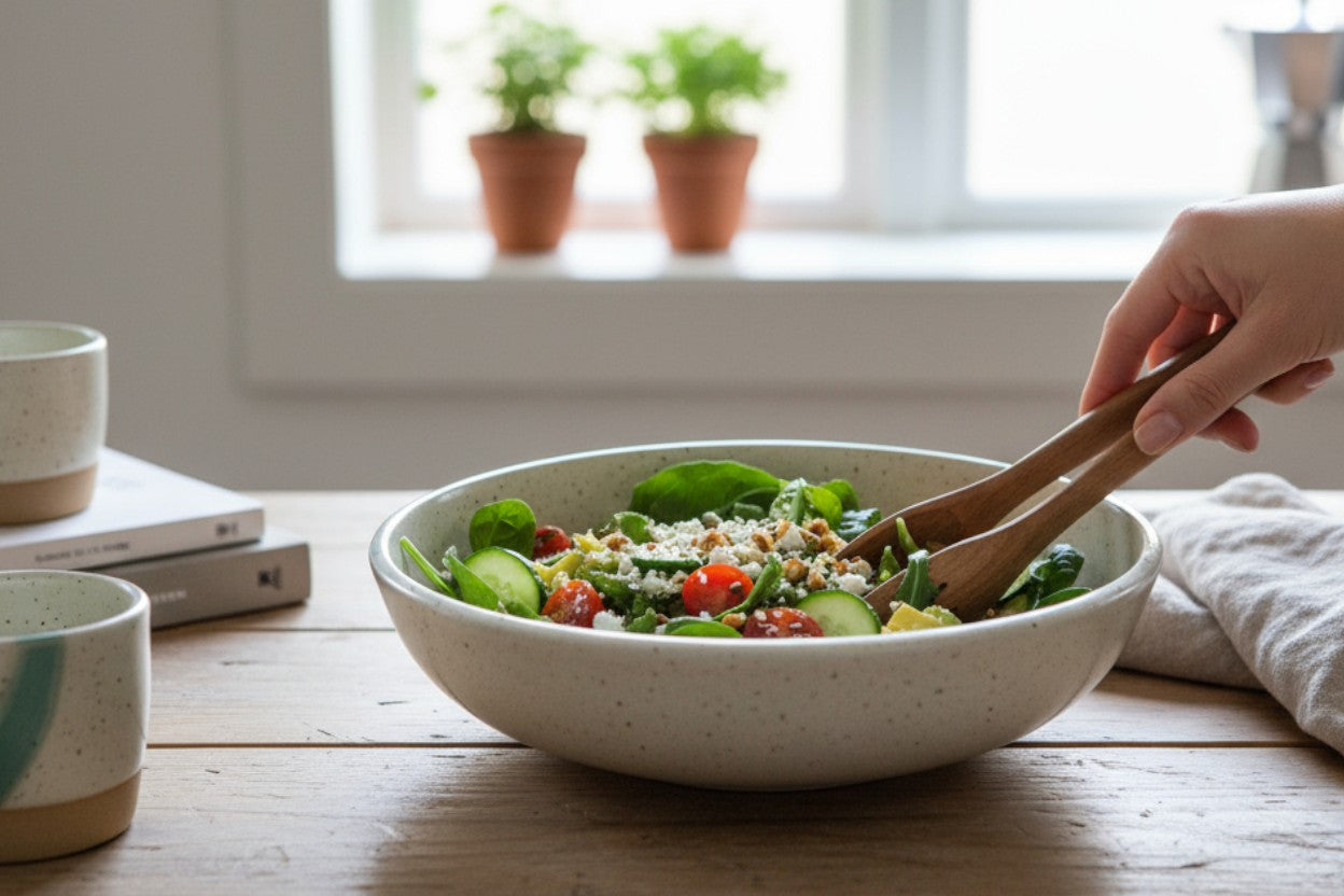 Handmade pottery pasta bowl with speckled cream and green glaze, made in Melbourne, Australia