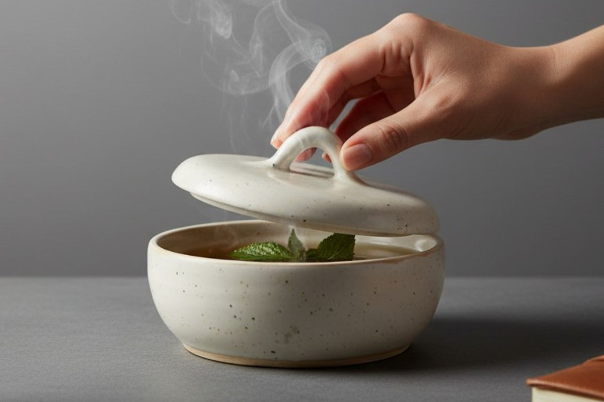 Cream artisan pottery bowl with lid handmade in Melbourne