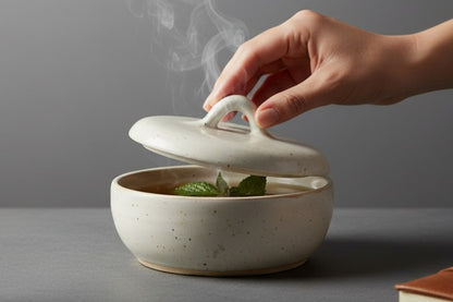 Cream artisan pottery bowl with lid handmade in Melbourne