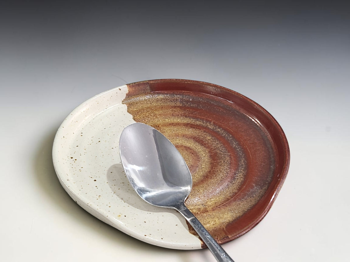 Buxton Pottery handmade large spoon rest in earthy cream and brown glaze