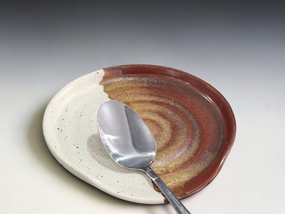 Buxton Pottery handmade large spoon rest in earthy cream and brown glaze